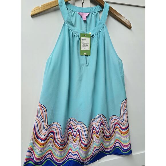 Lilly Pulitzer 100% Silk Rogan Shorely Blue The Catch Stripe Engineer Top New L - Picture 4 of 4